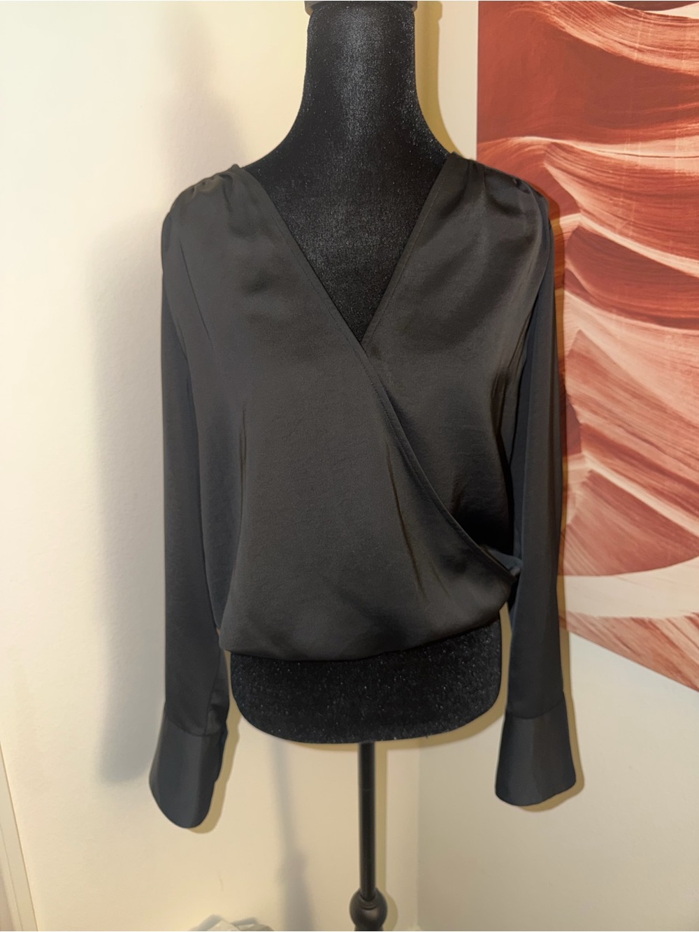 Source Unknown Black Satin Wrap Blouse